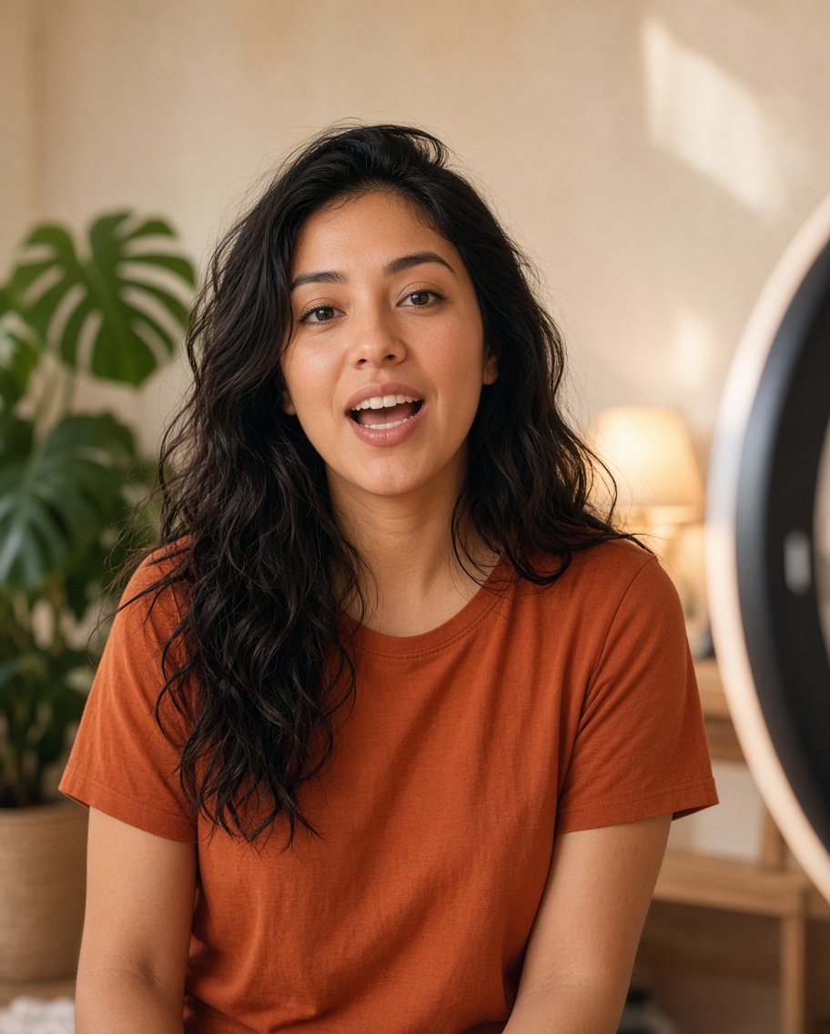 Creadora de video grabándose en un estudio luminoso
