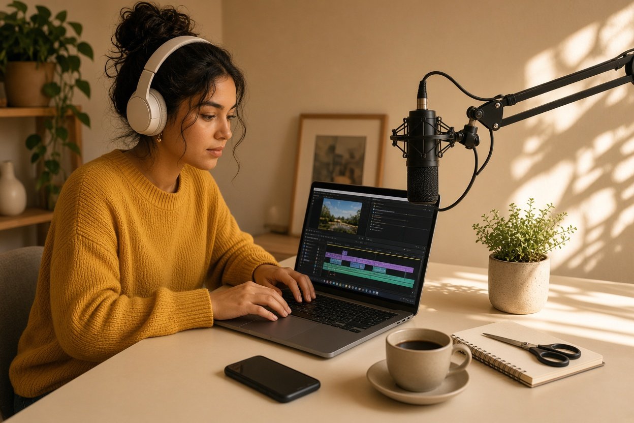 Creadora editando un video en su computadora en un estudio cálido